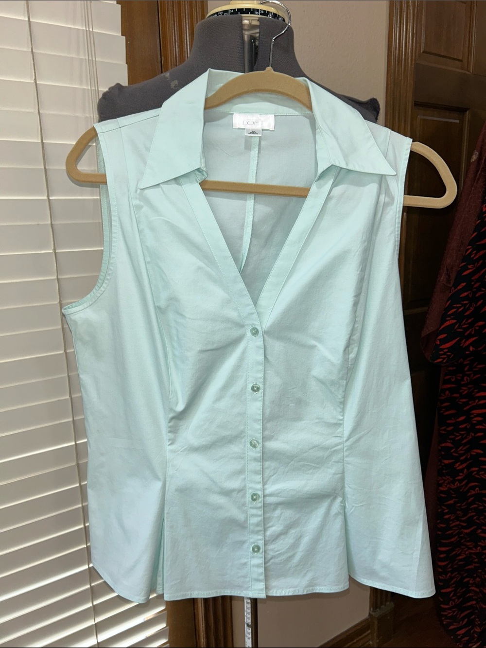 LOFT Mint Green Sleeveless Button-Front Collared Blouse 14 cotton/spandex